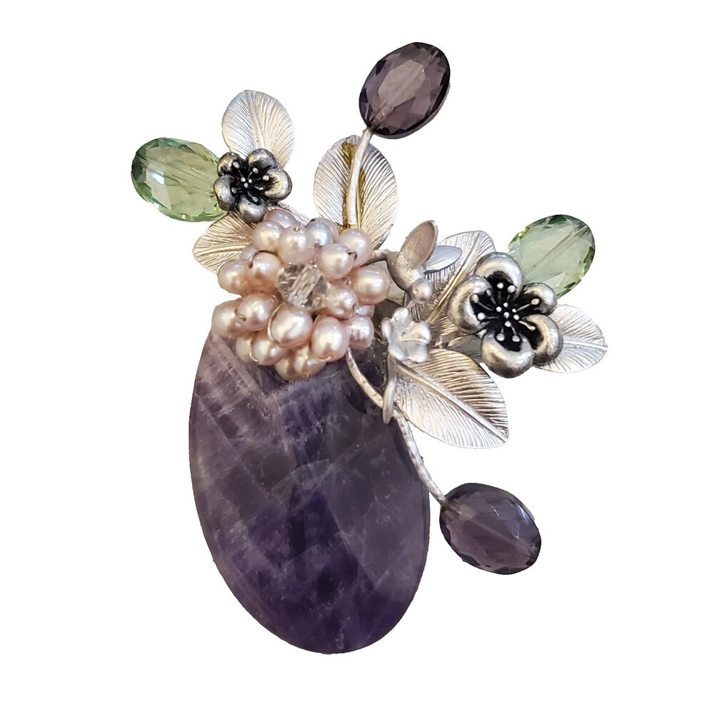 Artisan Hand-Crafted Floral Brooch Purple Gemstone Faux-Pearl & Crystal Beads